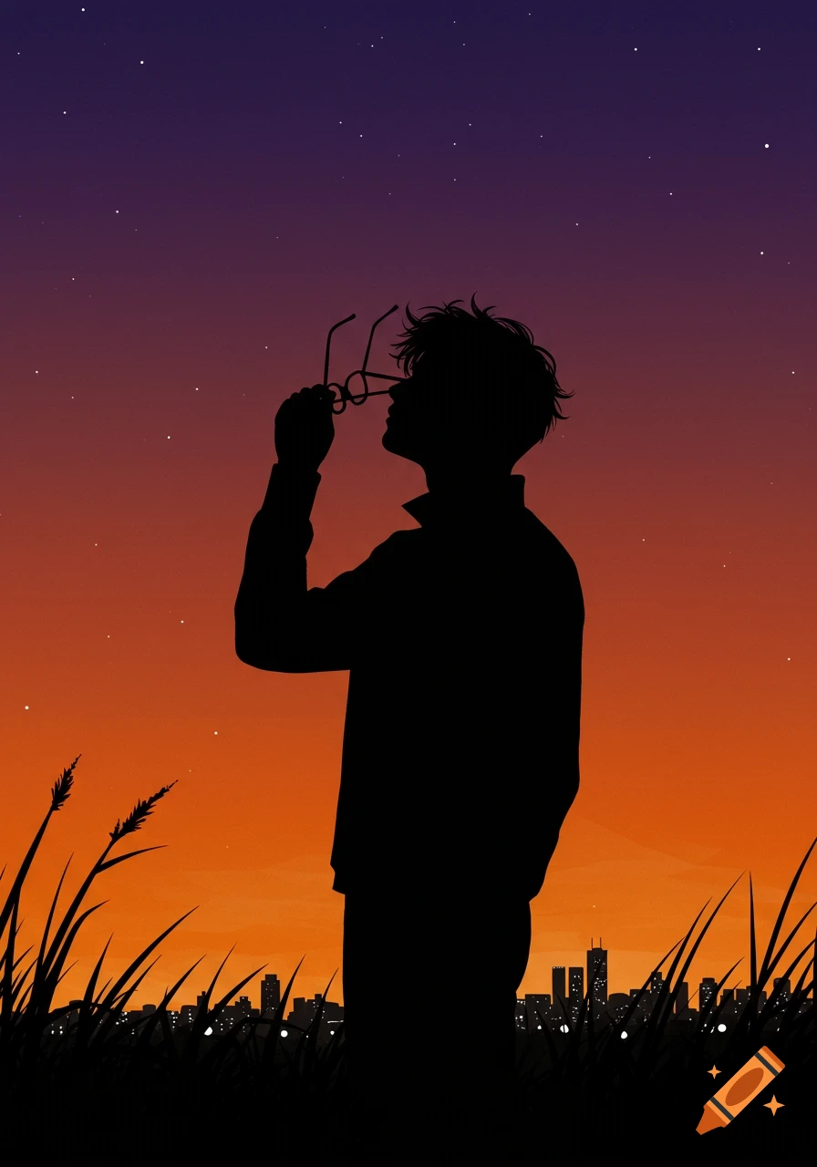 A black silhouette of a man holding glasses against a colorful sunset sky with a city skyline and tall grass.