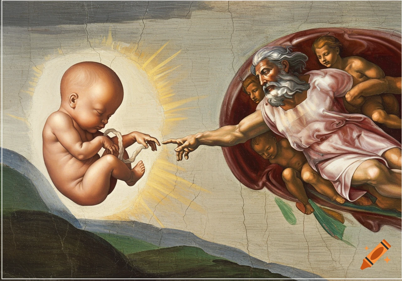 A painting resembling 'The Creation of Adam' with God reaching towards a glowing baby, in a classical art style.
