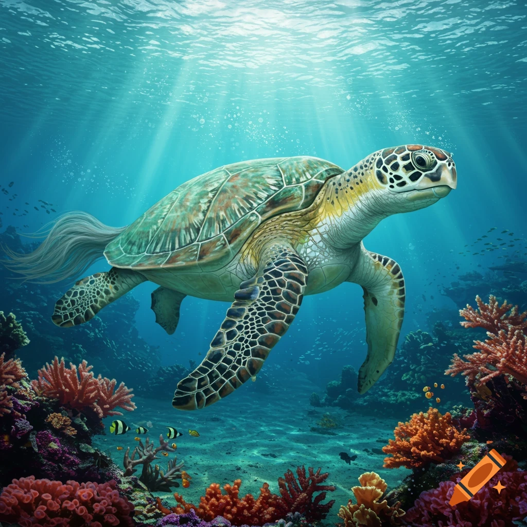 A sea turtle with a flowing, horse-like tail swims above a vibrant coral reef in clear blue ocean water with sunrays from the surface.