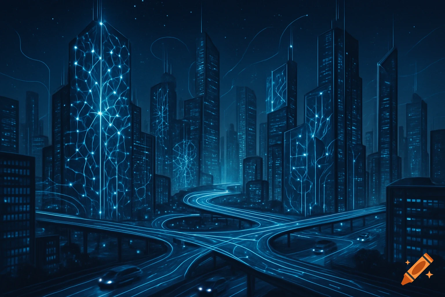 Futuristic dark blue cityscape at night with glowing data networks on skyscrapers and highways, illustrating intelligent transportation.