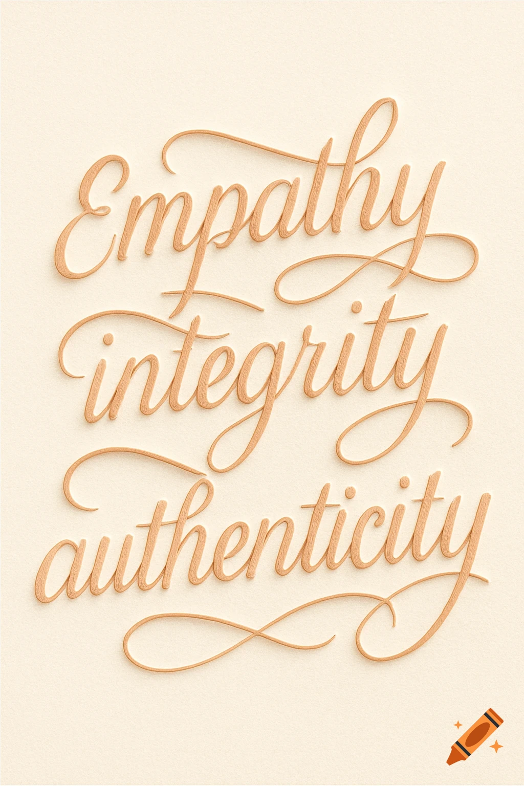 Scripted words 'Empathy,' 'Integrity,' and 'Authenticity' in peach against a light background.