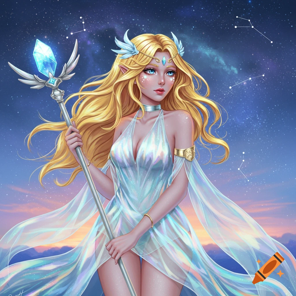 An illustration of a blonde elf-like woman in a shimmering, translucent dress holding a crystal staff against a starry night sky with constellations.