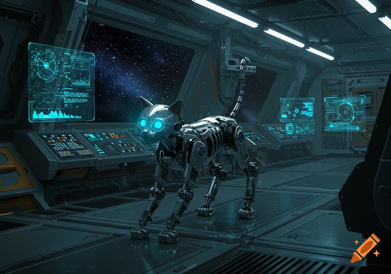 A metallic robot cat with glowing blue eyes stands in the cockpit of a futuristic spaceship.