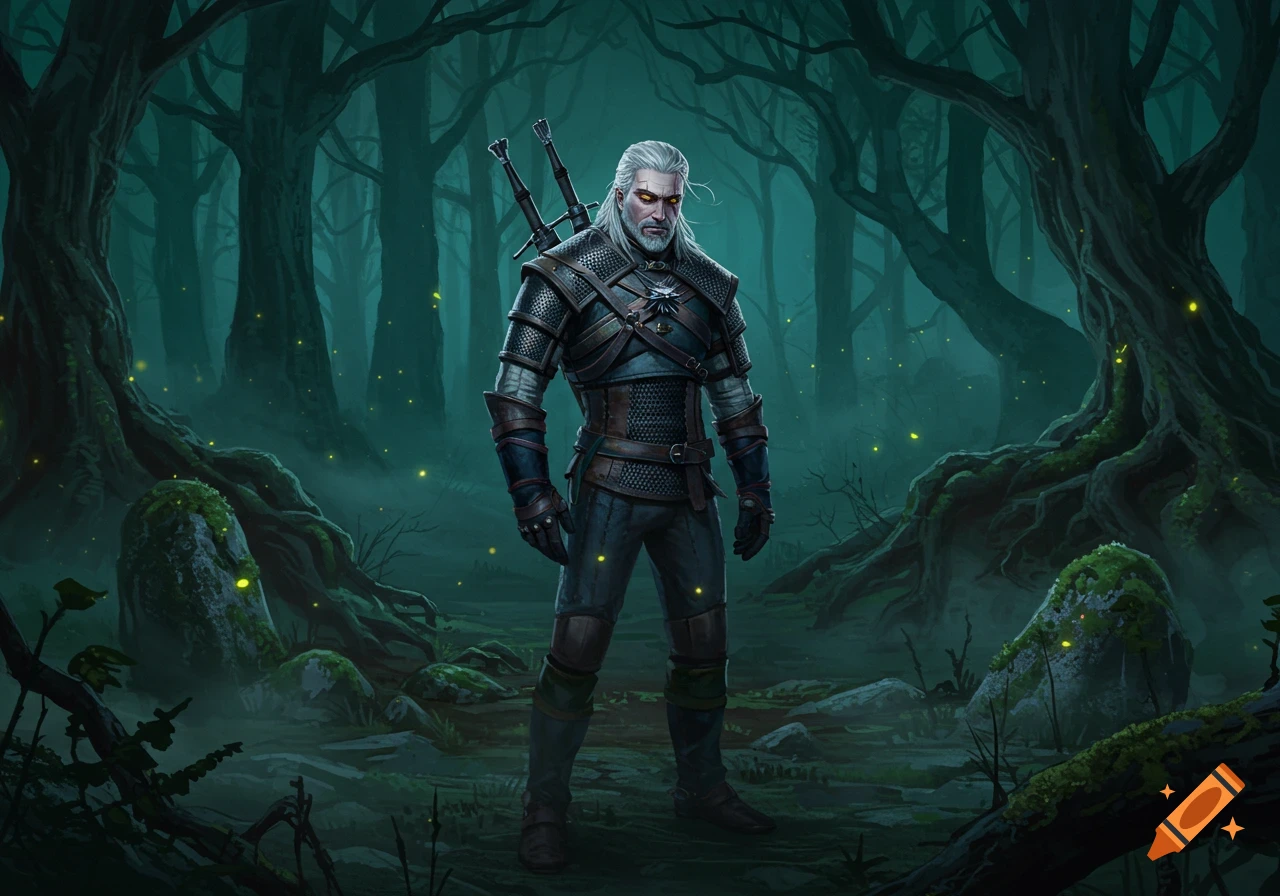 A white-haired man in armor, resembling Geralt of Rivia, stands in a dark, misty forest with glowing yellow lights.
