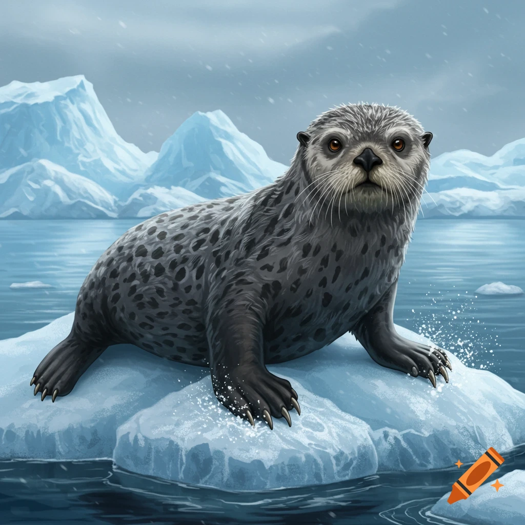 An illustrative leopard seal-otter hybrid with speckled fur sits on an ice floe in an arctic scene with mountains.