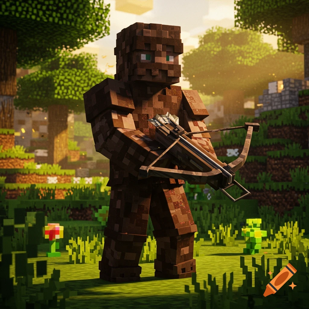 A realistic Minecraft Pillager character stands in a sunlit blocky forest, holding a crossbow.