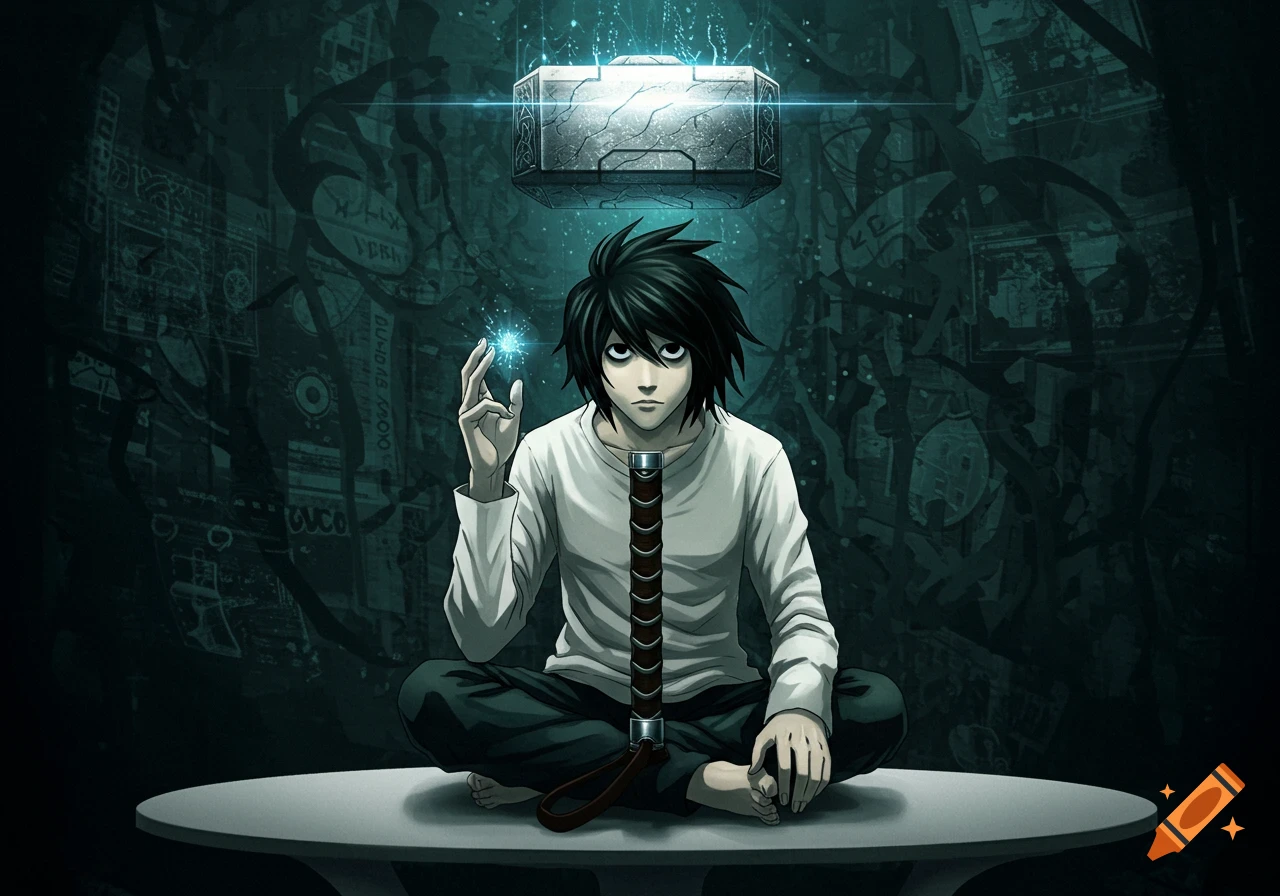 L from Death Note sits cross-legged, holding a glowing blue orb, as Thor's Hammer floats above him in a dark, abstract anime illustration.