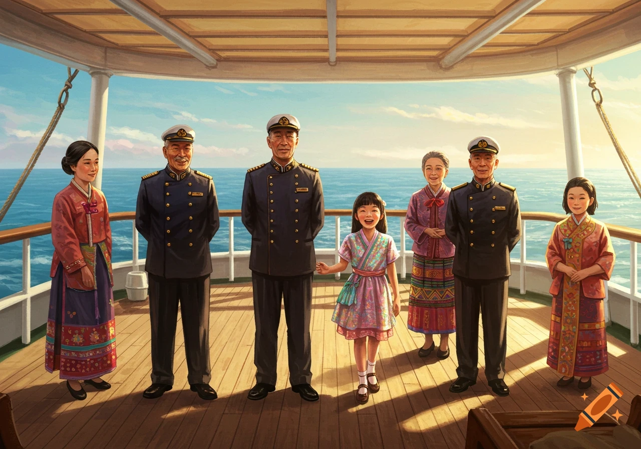 A painted illustration of Asian men in captain uniforms and women and a child in traditional dress standing on a ship deck.