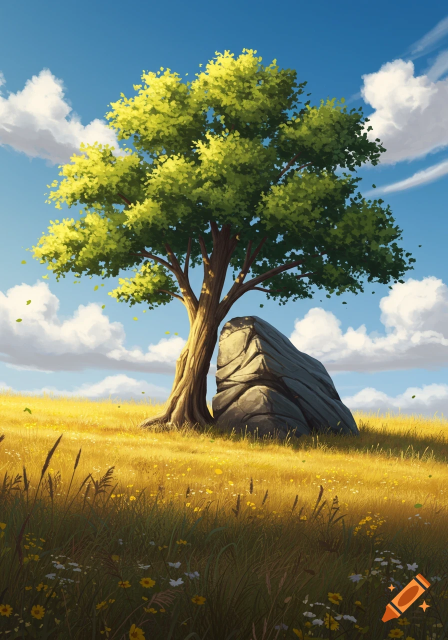 A vibrant green tree stands next to a large grey rock in a golden field under a blue sky with white clouds.