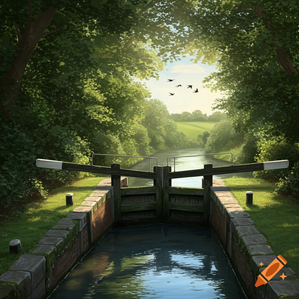 A digital painting of a tranquil canal lock with green trees framing a waterway under a bright sky.