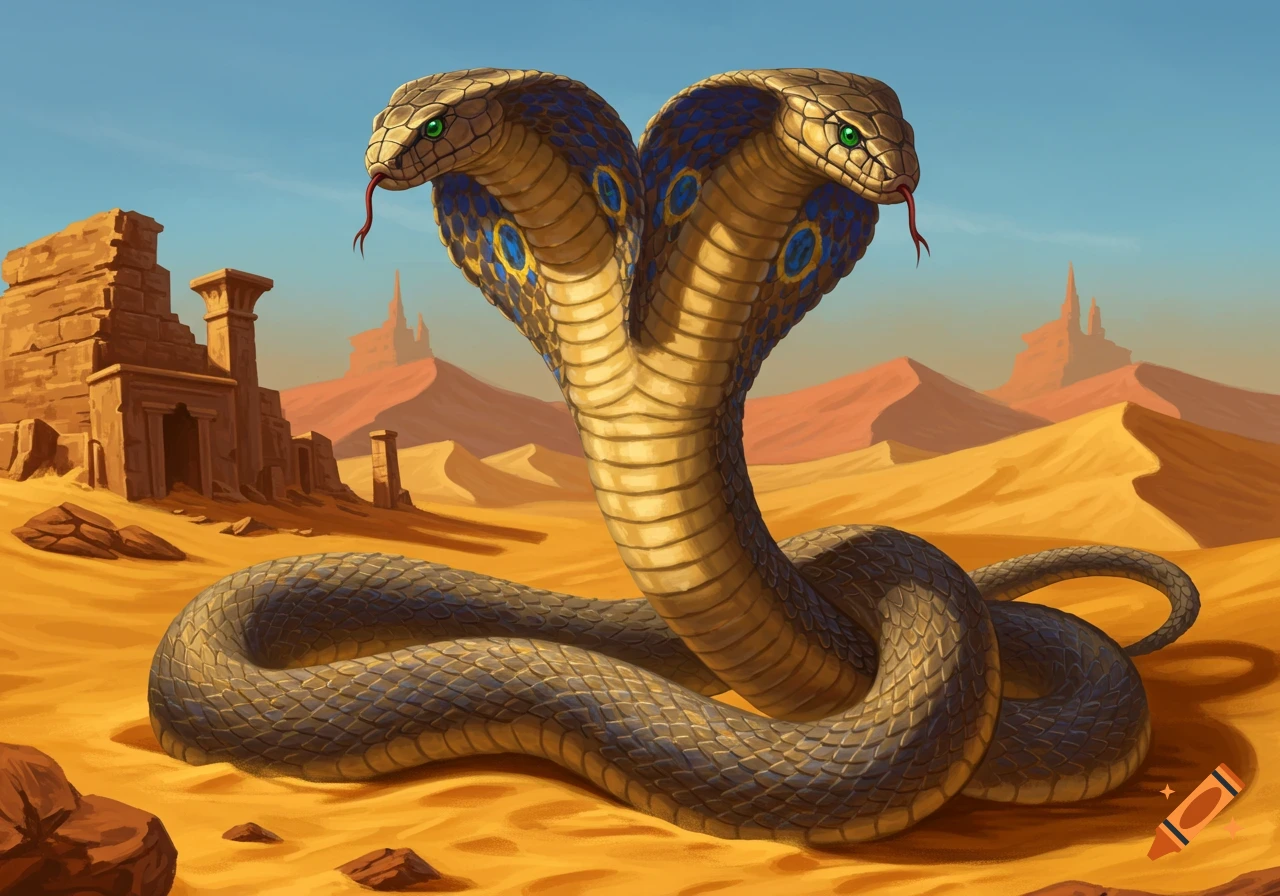 An illustration of a two-headed cobra with green eyes and ornate markings, coiled in a desert with ancient ruins.