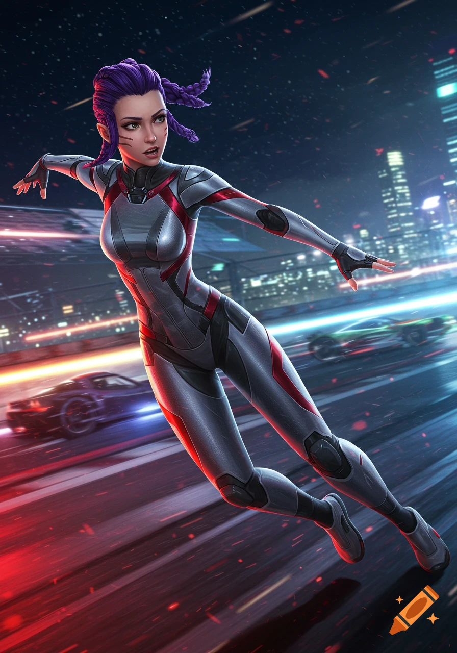 A female character with purple braids in a gray and red futuristic suit flies over a neon-lit city street with blurred cars. Digital art style.