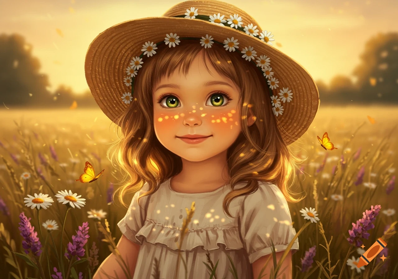 Smiling young girl in a straw hat with daisies in a sunny field with butterflies, digital art style.