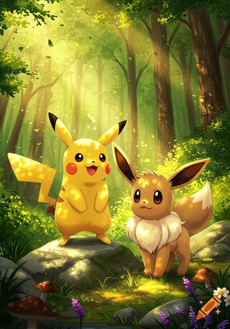 Pikachu and Eevee stand in a bright, sunlit forest with green trees and dappled light.