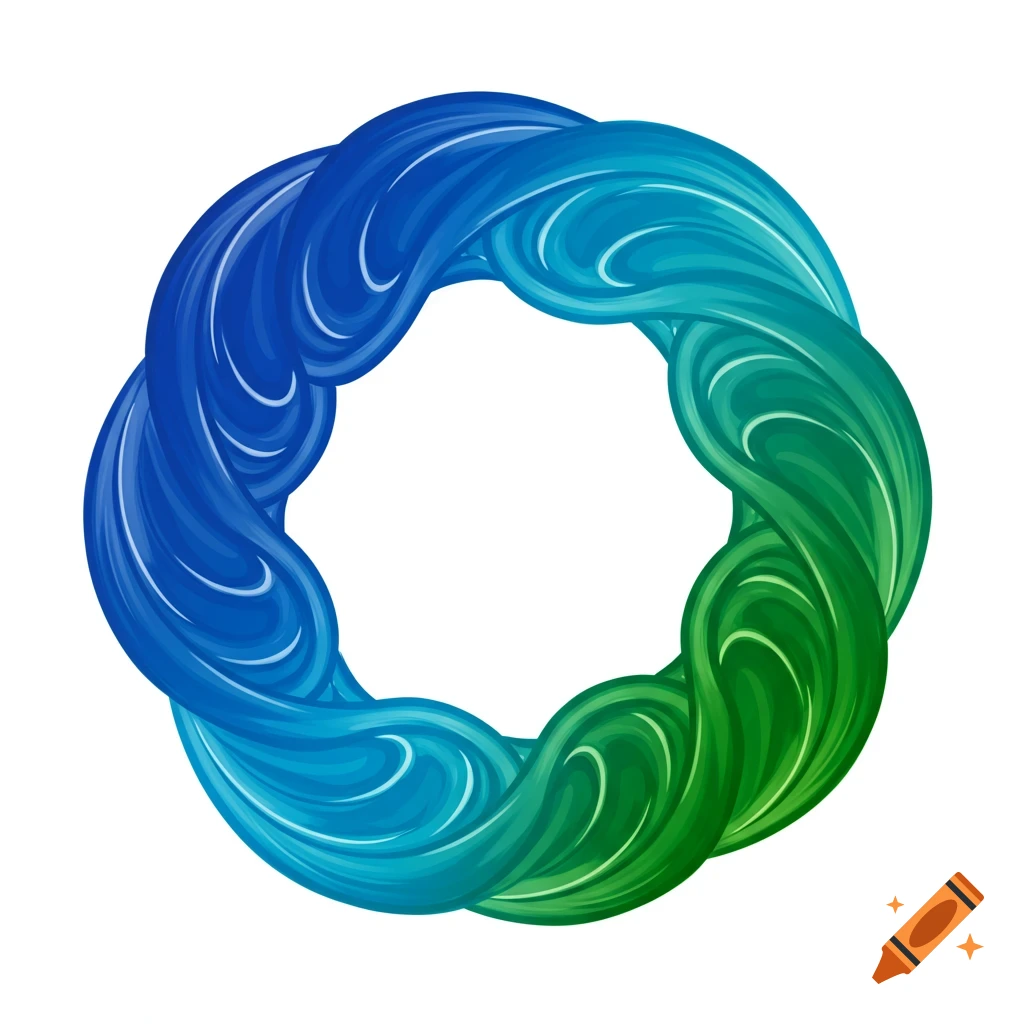 A circular design of intertwined blue, teal, and green swirls on a white background.