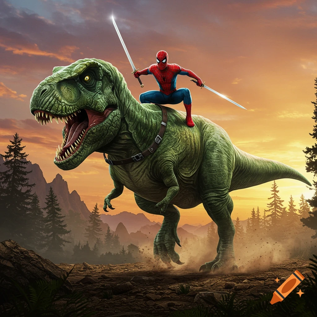 Spider-Man rides a green T-Rex, holding two glowing swords, across a rocky landscape at sunset.