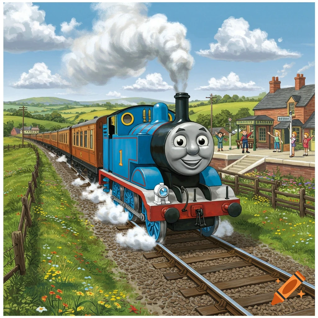 Thomas the Tank Engine smiling and steaming down train tracks past a station in a sunny, green countryside, in a cartoon style.