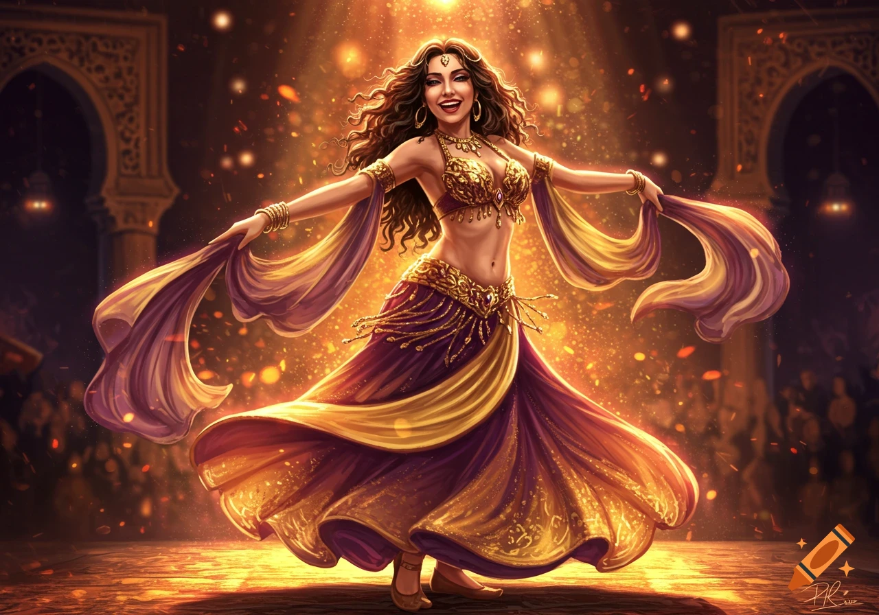 A happy belly dancer in a vibrant purple and gold costume dances on a stage with golden light and sparkling particles in a fantastical setting.