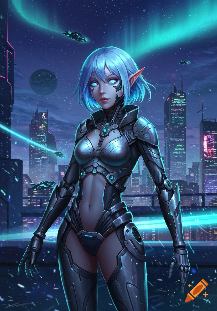 A futuristic elf girl with blue hair and glowing eyes in metallic armor stands on a rooftop overlooking a neon-lit cyberpunk city with a starry sky and aurora borealis.