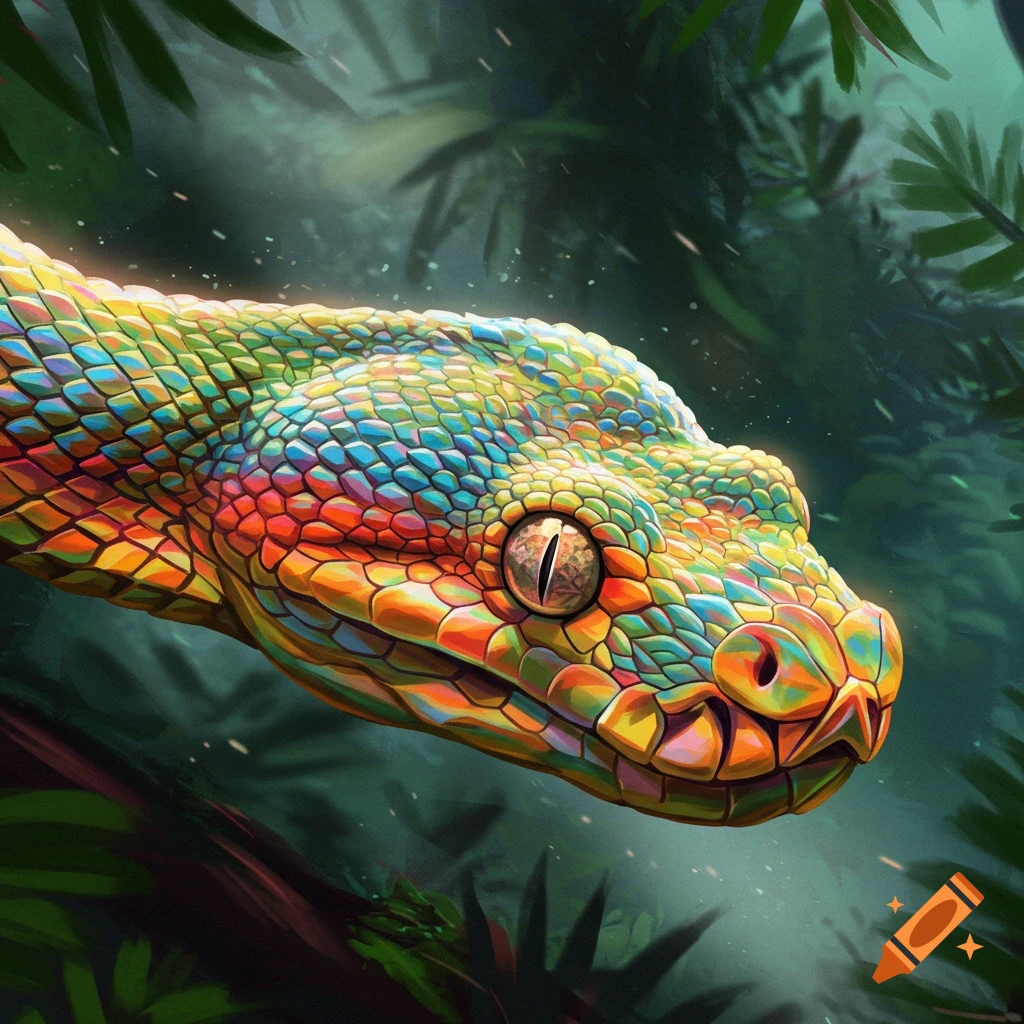 A vibrant, colorful snake head with scales of yellow, orange, blue, and pink, set against a dark, leafy jungle background.