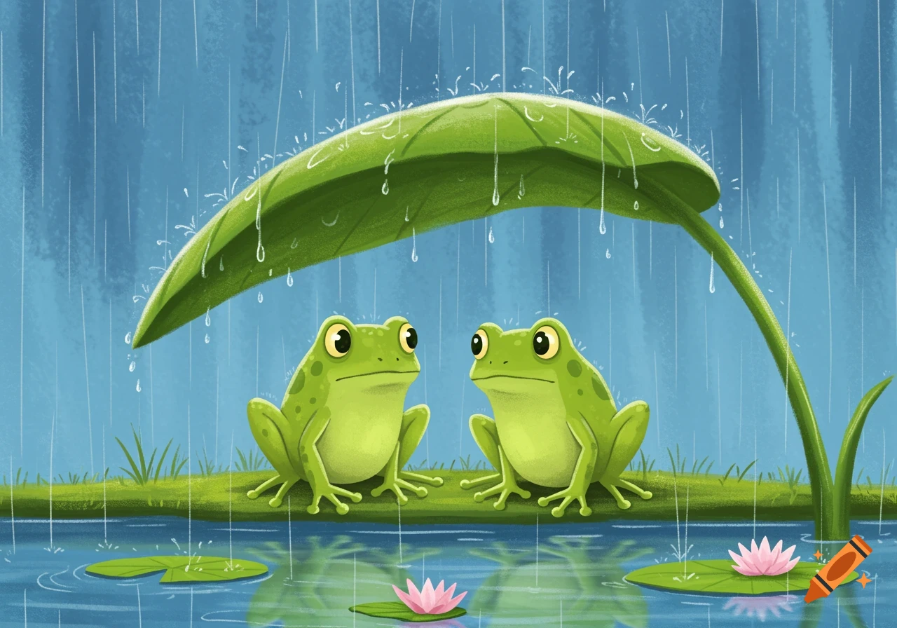 Two cartoon frogs shelter from heavy rain under a large green leaf, sitting on a log by a pond with pink water lilies.