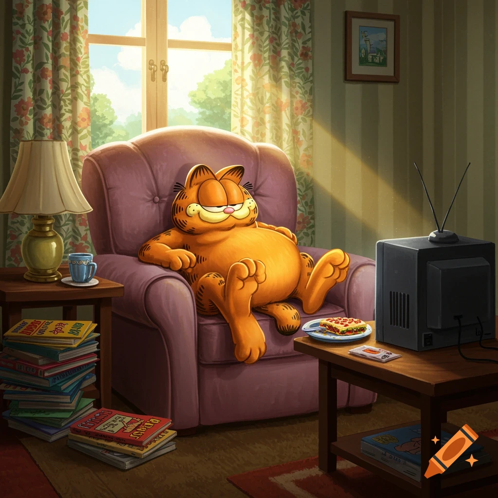 Garfield the cat lounges on a purple armchair in a cozy living room, with a plate of food and books nearby, in a cartoon illustration style.