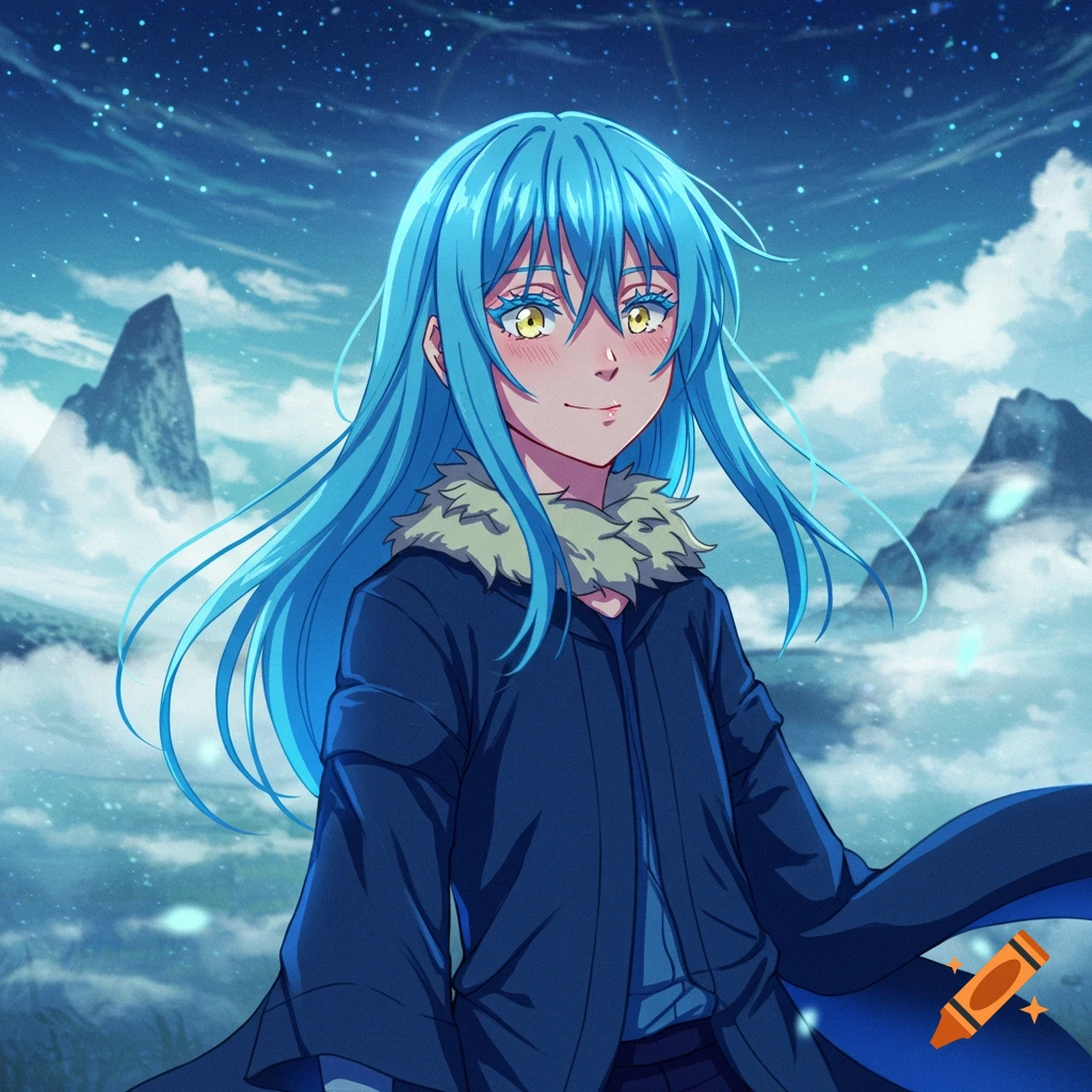 Anime character with long blue hair and yellow eyes in a dark coat, smiling in a starry, mountainous landscape.