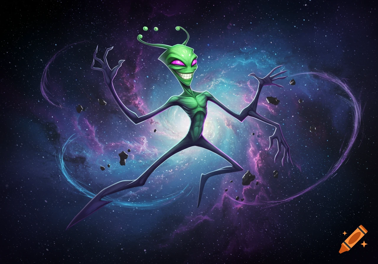 A green alien with a wide grin and magenta eyes floats in a vibrant purple and blue nebula with floating asteroids.