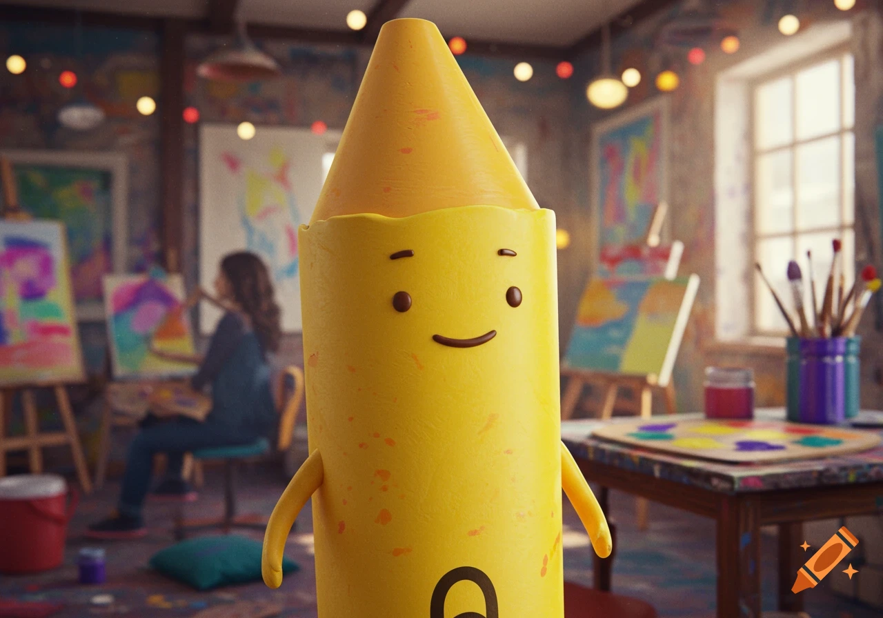 A cheerful yellow crayon character with a smile and arms stands in a sunlit art studio where a person is painting.