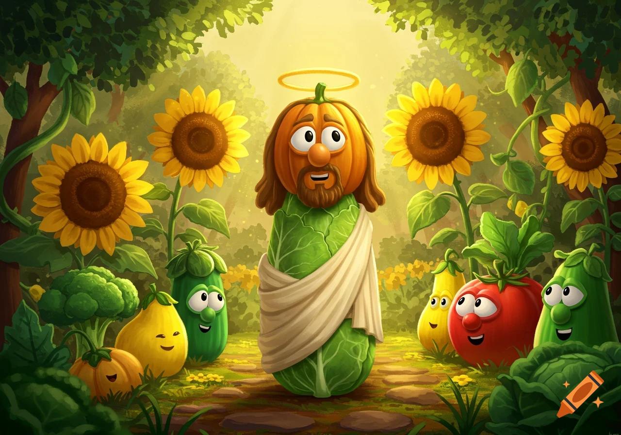 Cartoon vegetable resembling Jesus with a pumpkin head and cabbage body, surrounded by other cheerful vegetables in a sunlit garden.