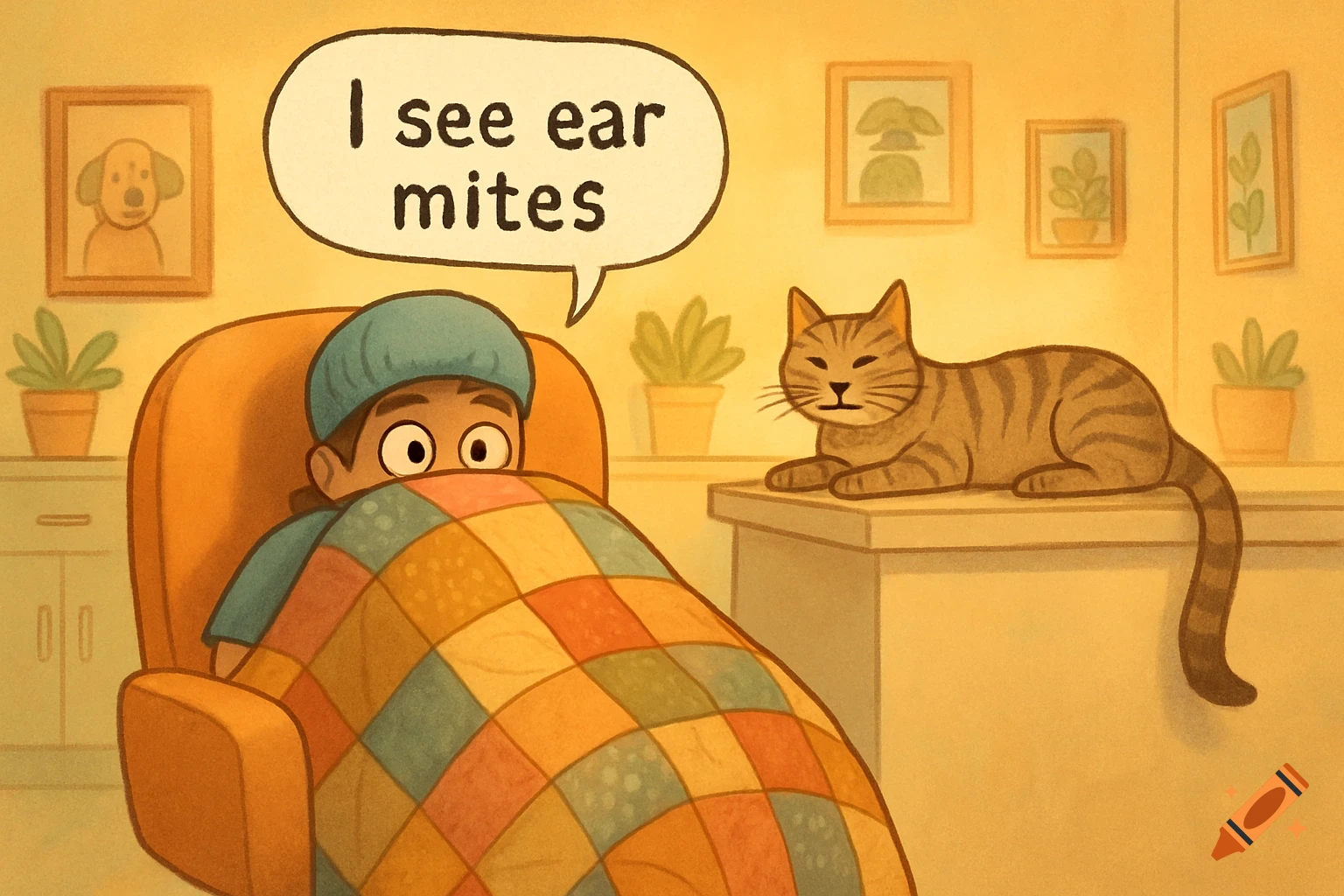 A nervous cartoon technician hides under a patchwork blanket, saying 'I see ear mites' to an unbothered cat.
