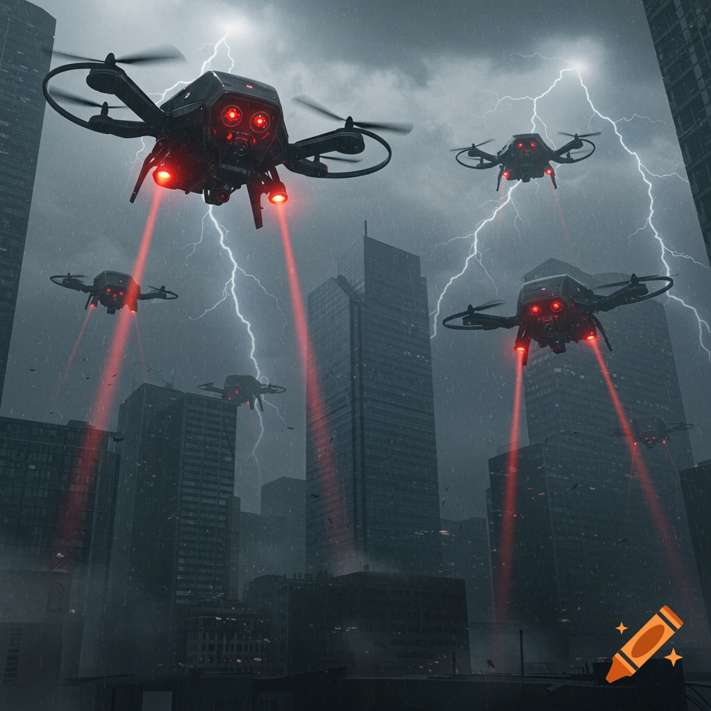 Menacing black drones with glowing red eyes fly over a stormy city skyline, emitting red beams as lightning strikes, in a dystopian photorealistic scene.