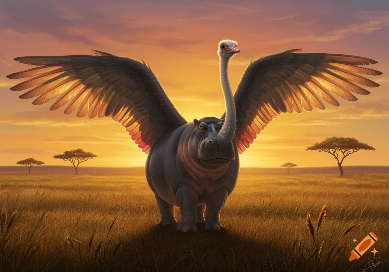 A large hippopotamus with an ostrich neck, head, and wings stands in a grassy savanna at sunset.