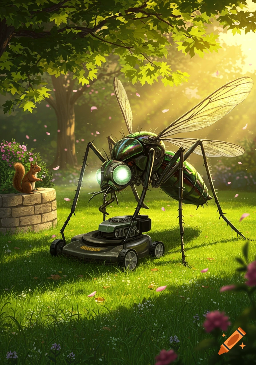A giant, robotic-looking mosquito stands over a lawnmower in a lush, sunlit garden, with a squirrel watching from a stone well.