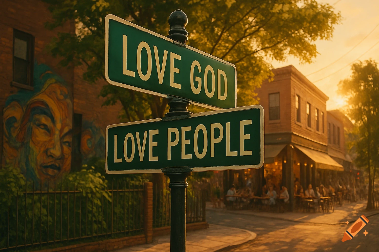 Street sign with LOVE GOD and LOVE PEOPLE on green plaques, on a sunny city street with buildings and a mural.