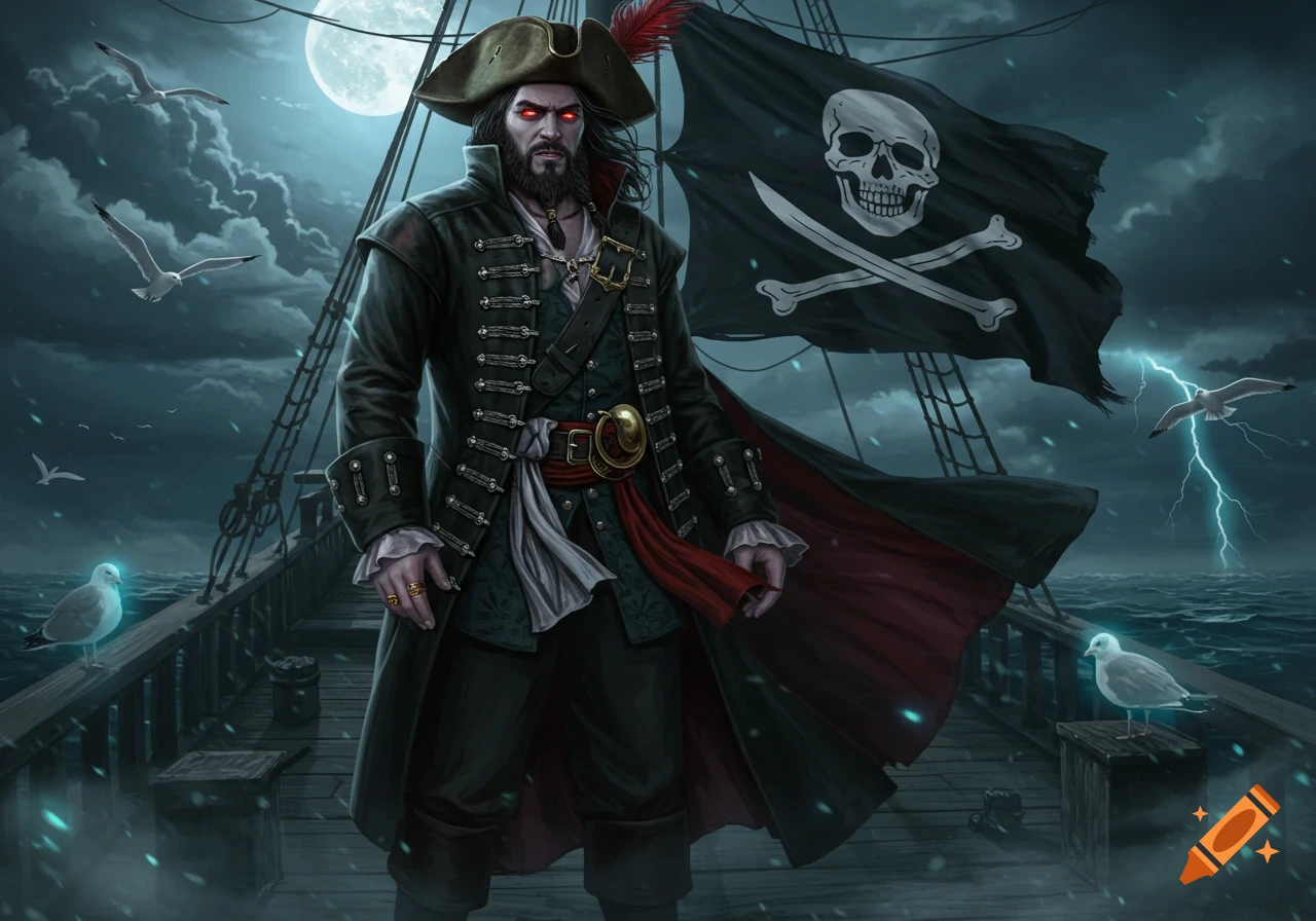 A vampire-style pirate with red eyes on a ship deck at night, with a Jolly Roger flag, stormy sea, full moon, and lightning.