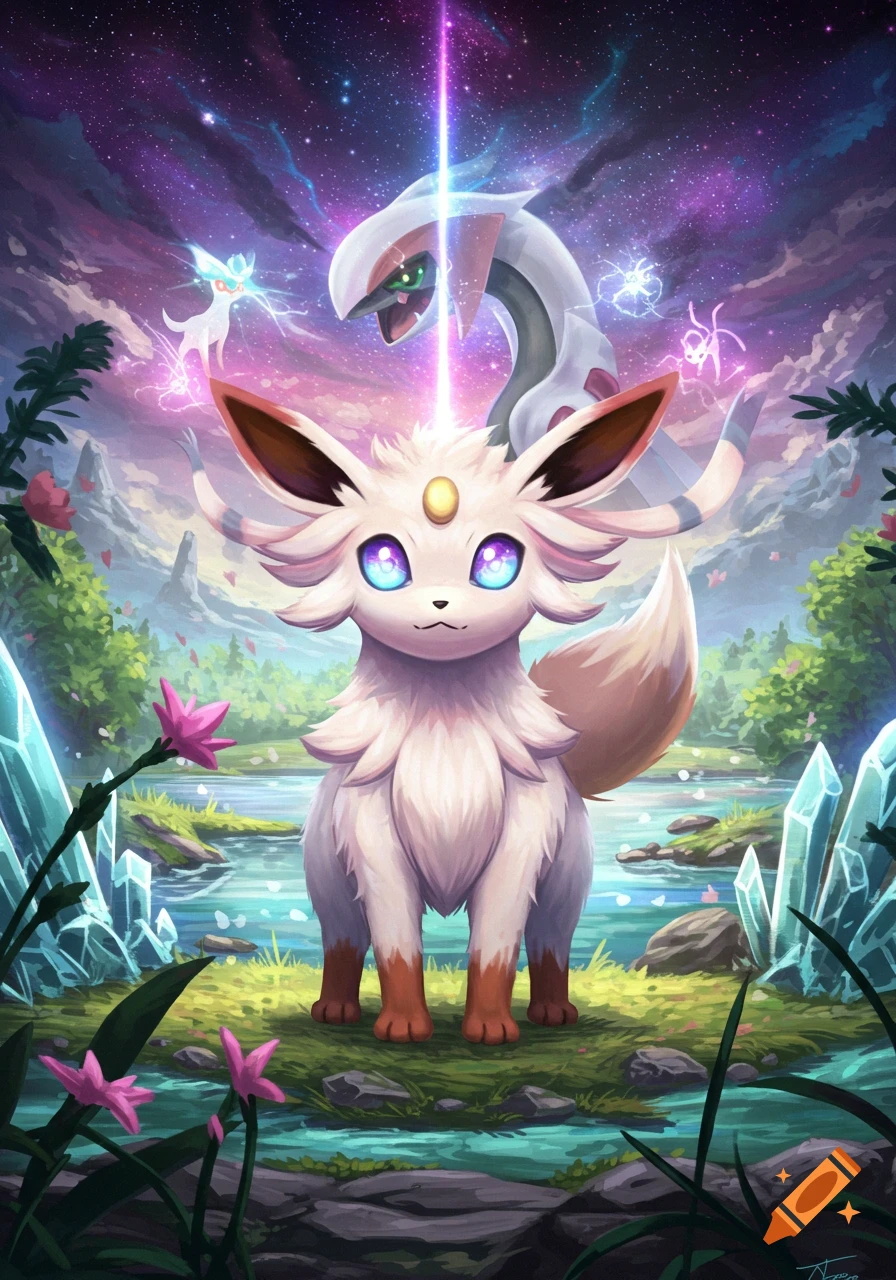 An adorable, fluffy white Eevee-like creature with glowing blue eyes stands in a magical landscape with crystals and water, under a starry purple sky, with a Palkia-like creature behind it.