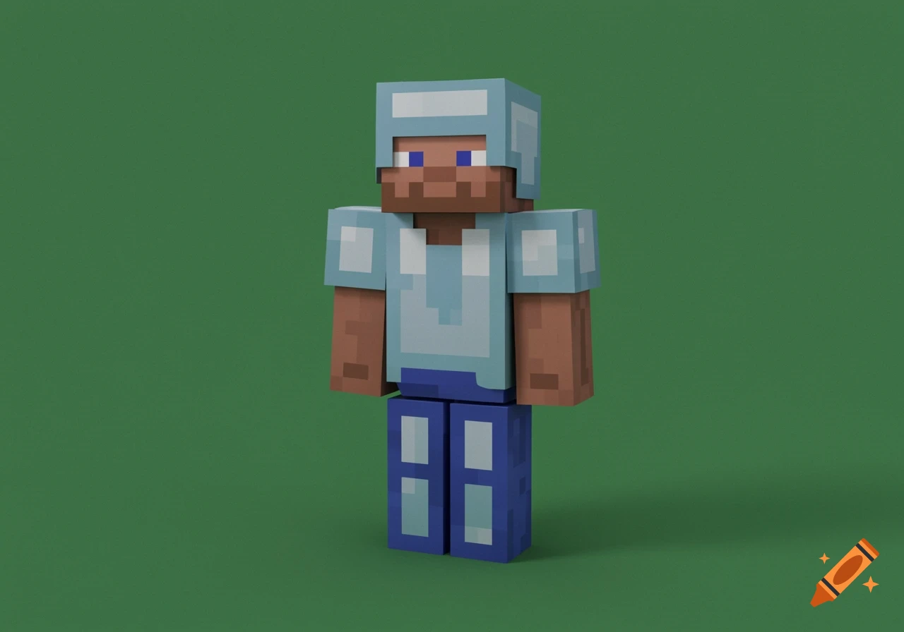 A blocky Minecraft character, Steve, wearing light blue diamond armor, standing against a plain green background.