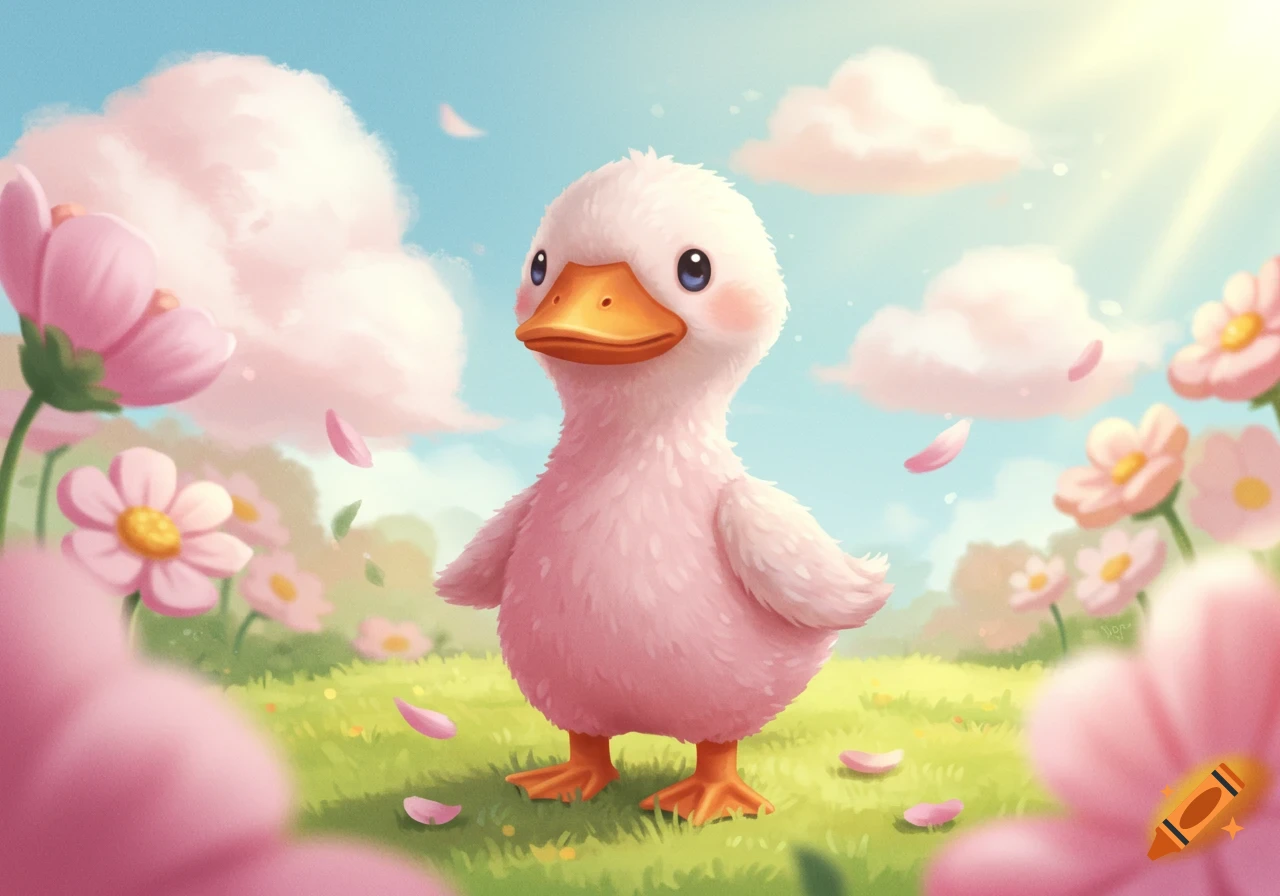 A cute pink duckling with an orange beak stands in a vibrant green field surrounded by pink and white flowers under a bright blue sky with fluffy pink clouds.