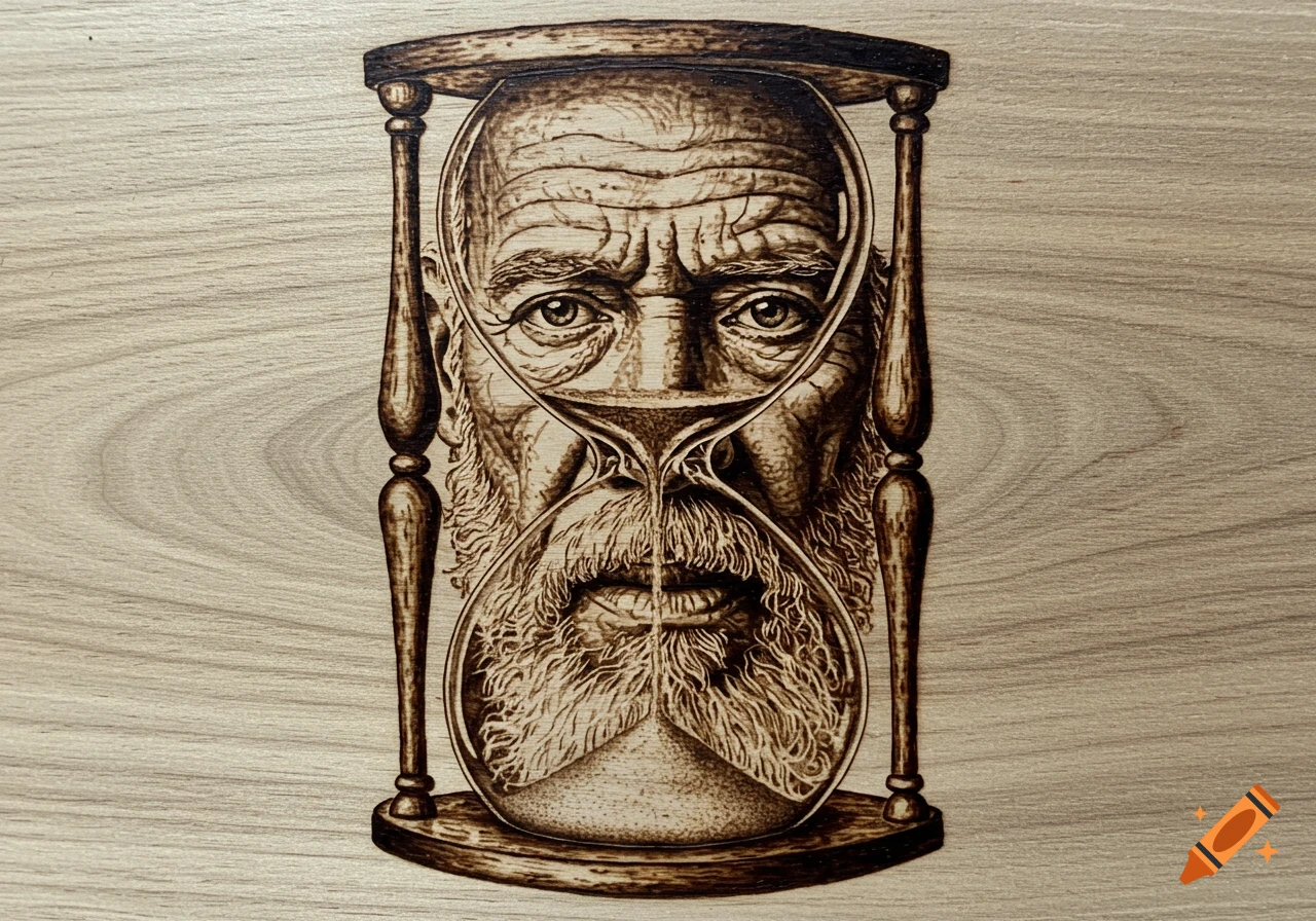 Wood burning art of an old man's face integrated into an hourglass, stylized on a light wooden background.