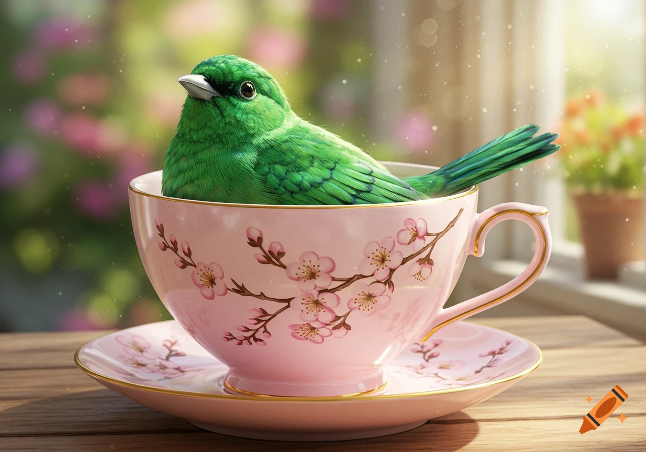 A vibrant green bird sits inside a pink teacup adorned with cherry blossoms on a wooden table, with a blurry sunlit garden in the background.