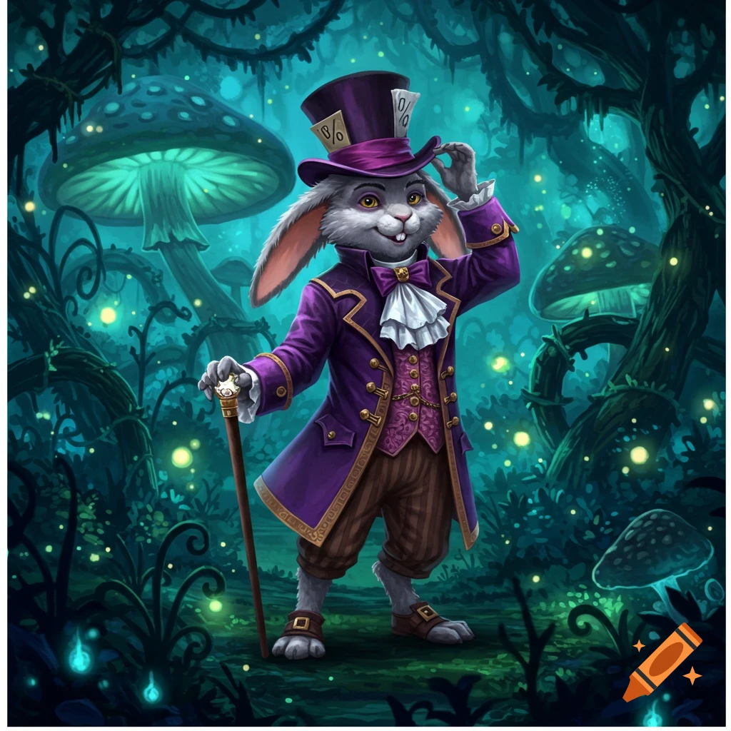 An anthropomorphic rabbit in a purple Mad Hatter style outfit stands in a magical forest with glowing mushrooms, holding a cane.