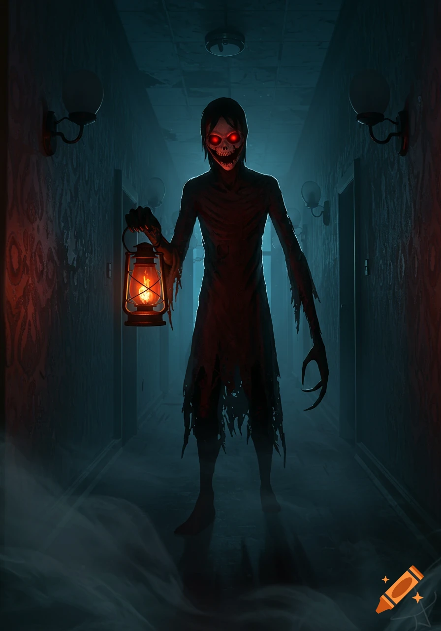 A dark, gaunt horror creature with glowing red eyes and a torn cloak stands in a dim hallway, holding a lit lantern.