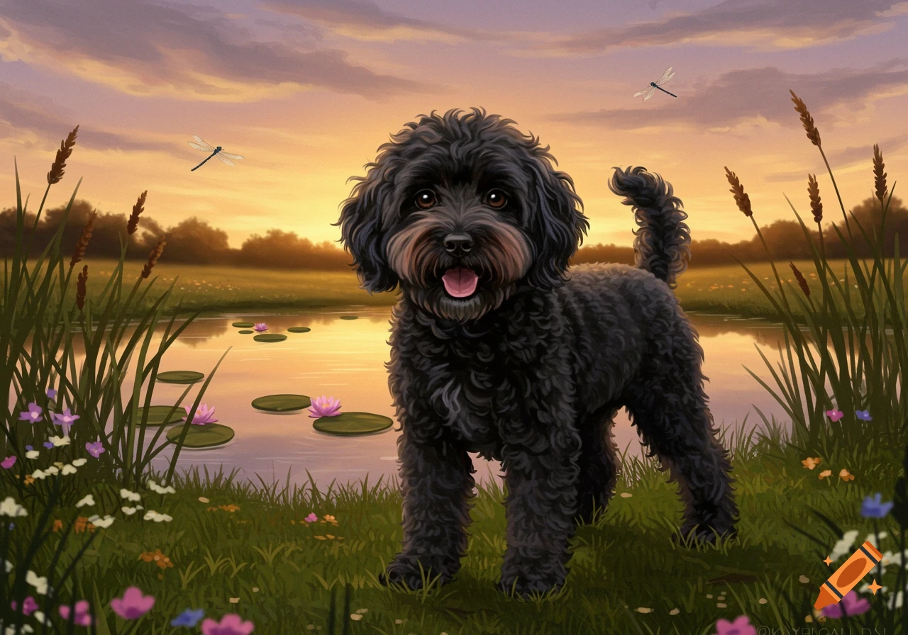 A smiling black cockapoo dog stands in a grassy field by a lake with lily pads and dragonflies, bathed in sunset light.