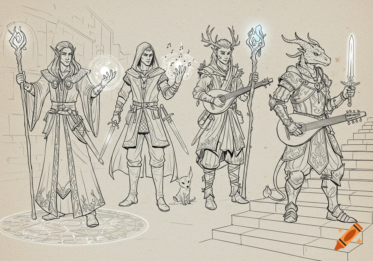 A black-and-white line art illustration of four fantasy characters: a High Elf Wizard, a Drow Rogue, a Wood Elf Druid, and a Tiefling Bard, alongside a small fox-like animal. They are depicted in a coloring book style.