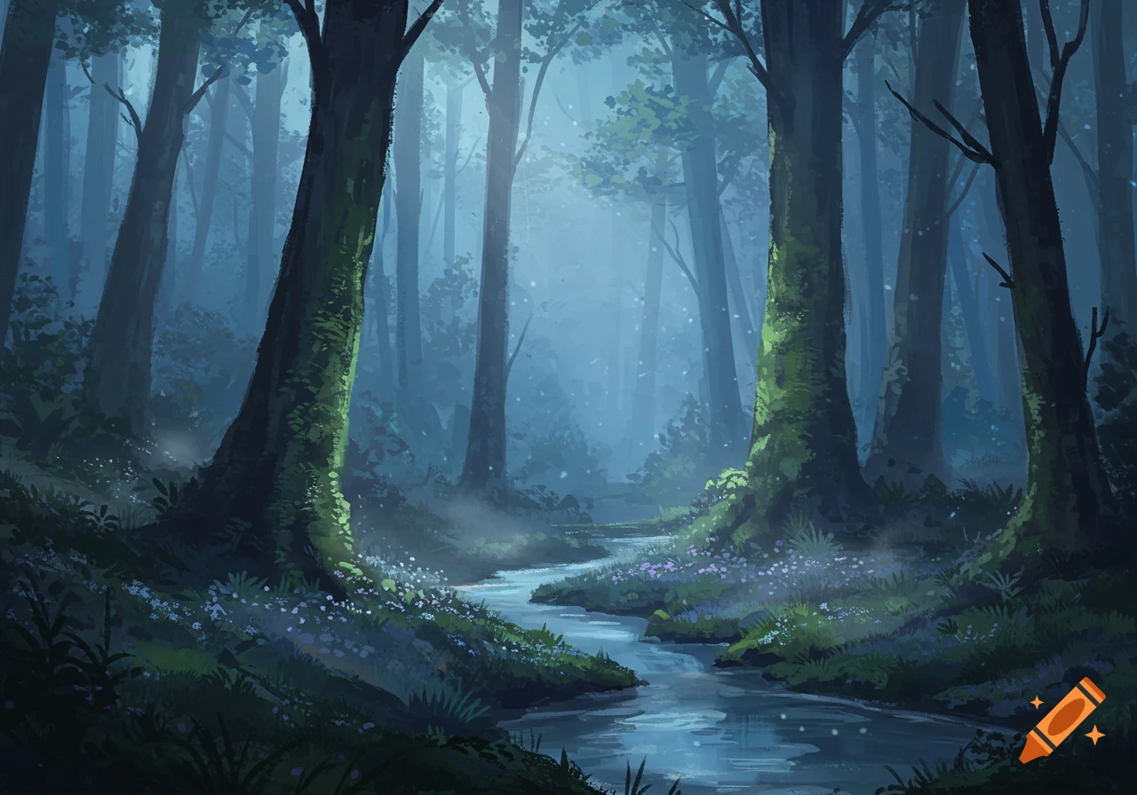 An enchanting, misty forest scene with tall trees, a winding stream, and luminous foliage, rendered in a painterly style.