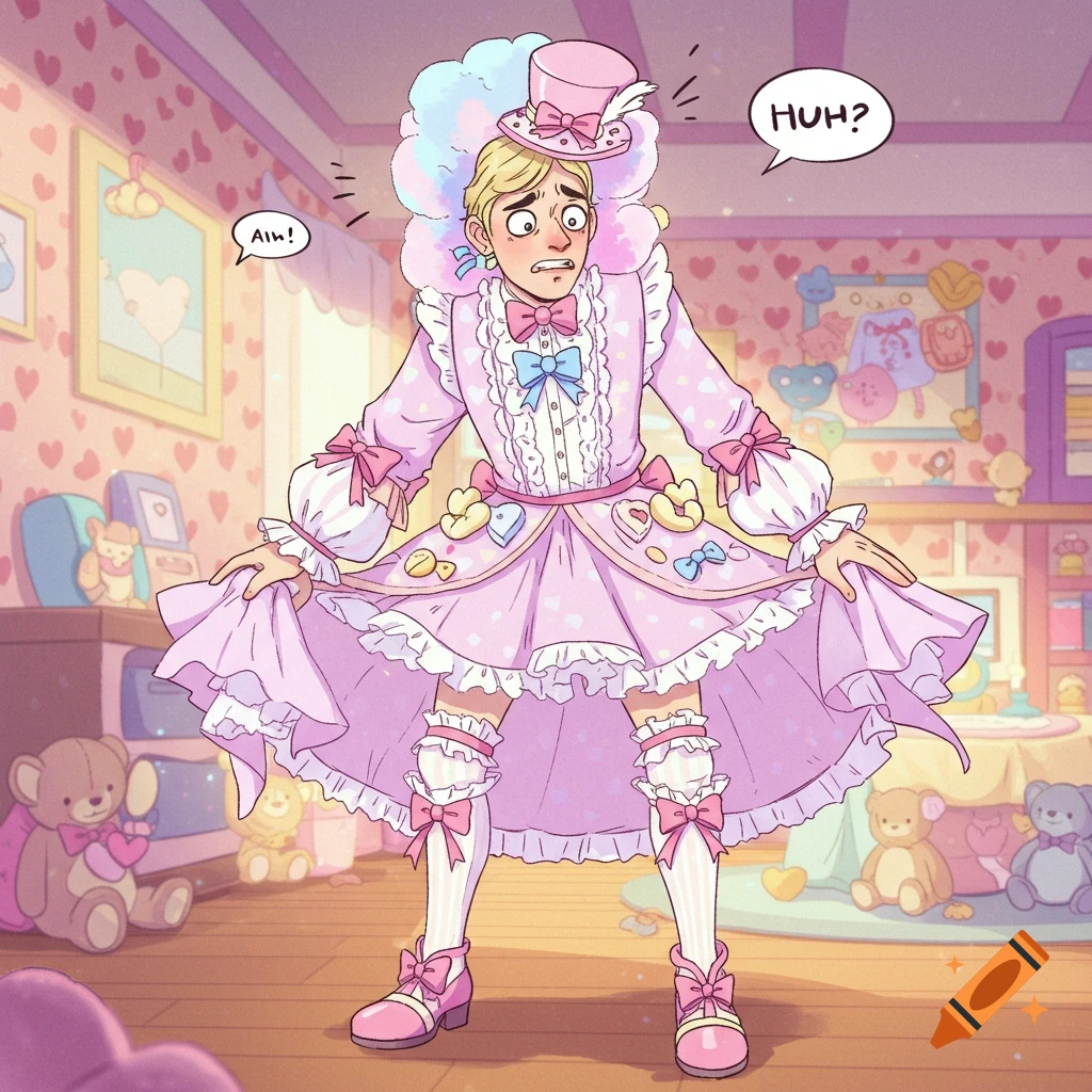 Cartoon man in a pink frilly dress with a top hat and fluffy cloud, looking surprised in a pink room with hearts and teddy bears.