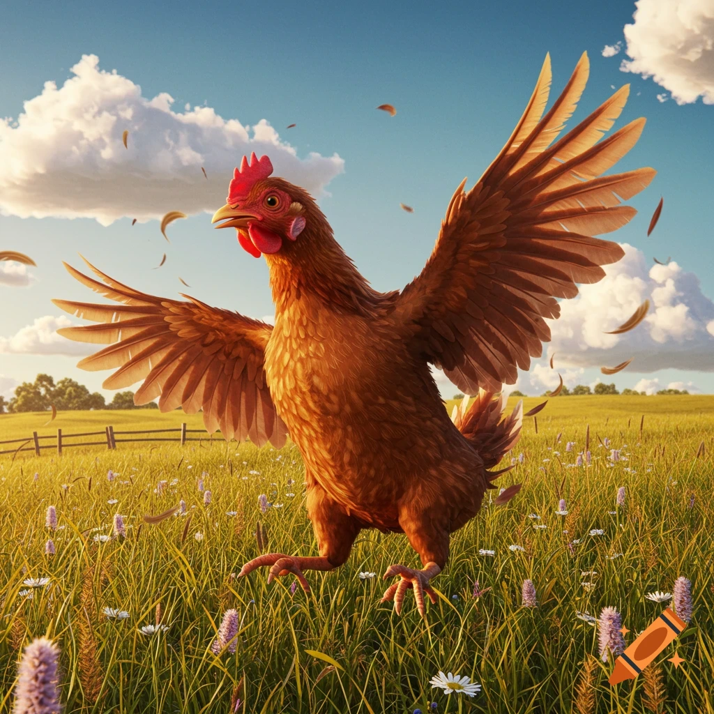 A photorealistic brown chicken with outstretched wings stands in a sunlit grassy field with wildflowers and flying feathers.
