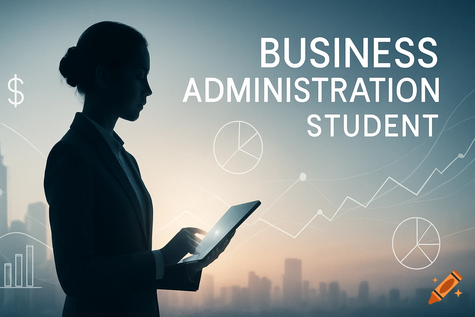 A silhouetted professional or student uses a tablet, with business charts and the text 'BUSINESS ADMINISTRATION STUDENT' overlaid.