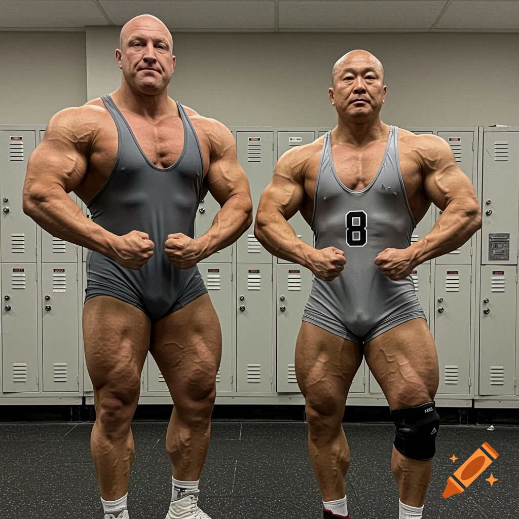 Two muscular bald bodybuilders in grey singlets pose in front of lockers, one with the number '8'.